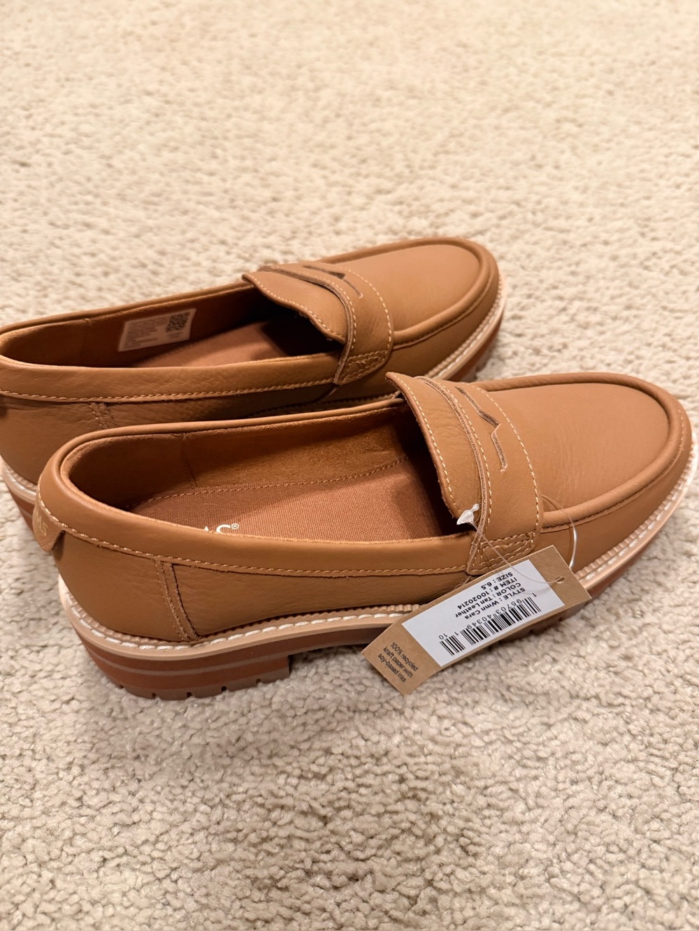 TOMS Cara Penny Loafers Tan Leather Lug Sole 6.5 NWT